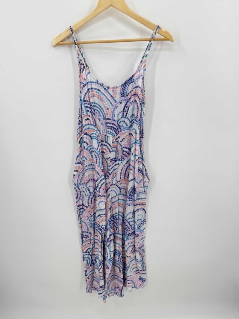 World Market Jumpsuit SM Rayon Geometric Mosaic Pink Blue Wide Leg Pockets capri
